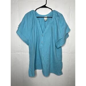 Joie Women’s 1X Teal Gauzy Crinkle Henley Layered Sleeve Tunic Top Shirt Blouse